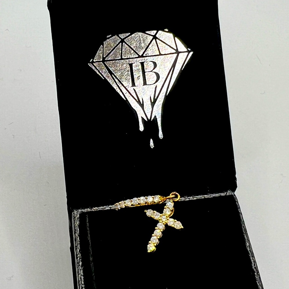 14k Yellow Gold Real Diamonds drop hoop cross (blinged George Michael style)